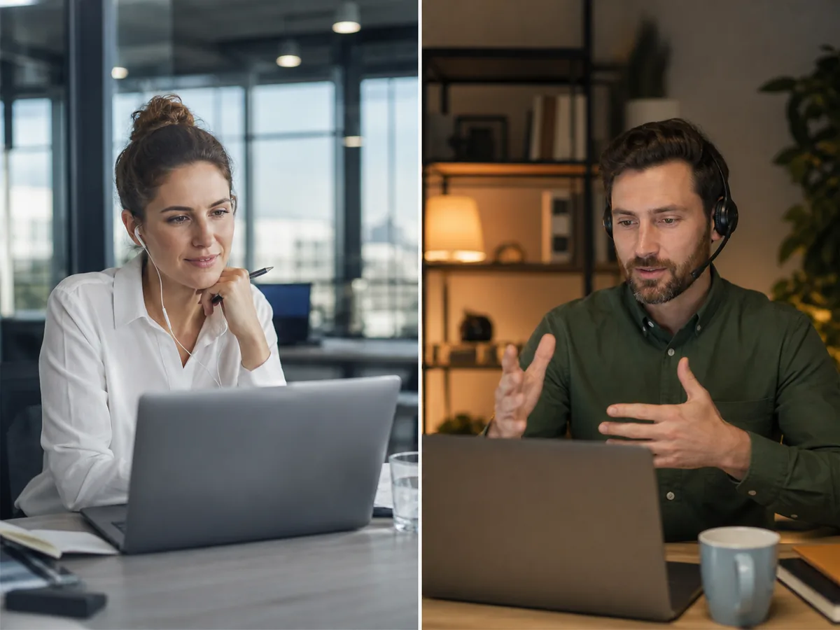 Two colleagues talk on a video call from their own desks, one lit by daylight and the other by evening light.