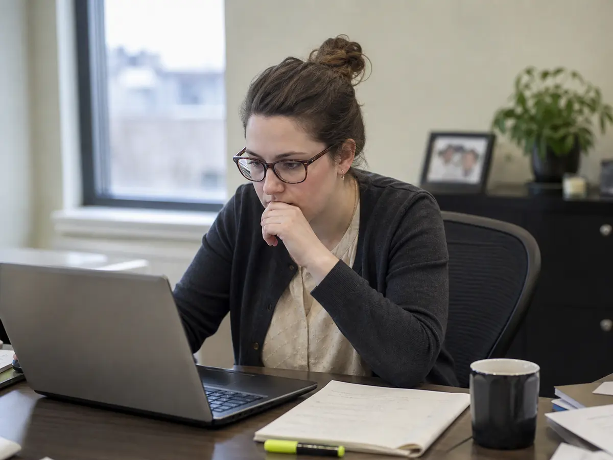 Someone reads a long article on a laptop with a handwritten list open in a notebook beside it.